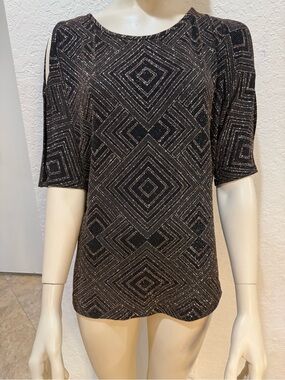 Metallic Geometric Cold-Shoulder Blouse - Black